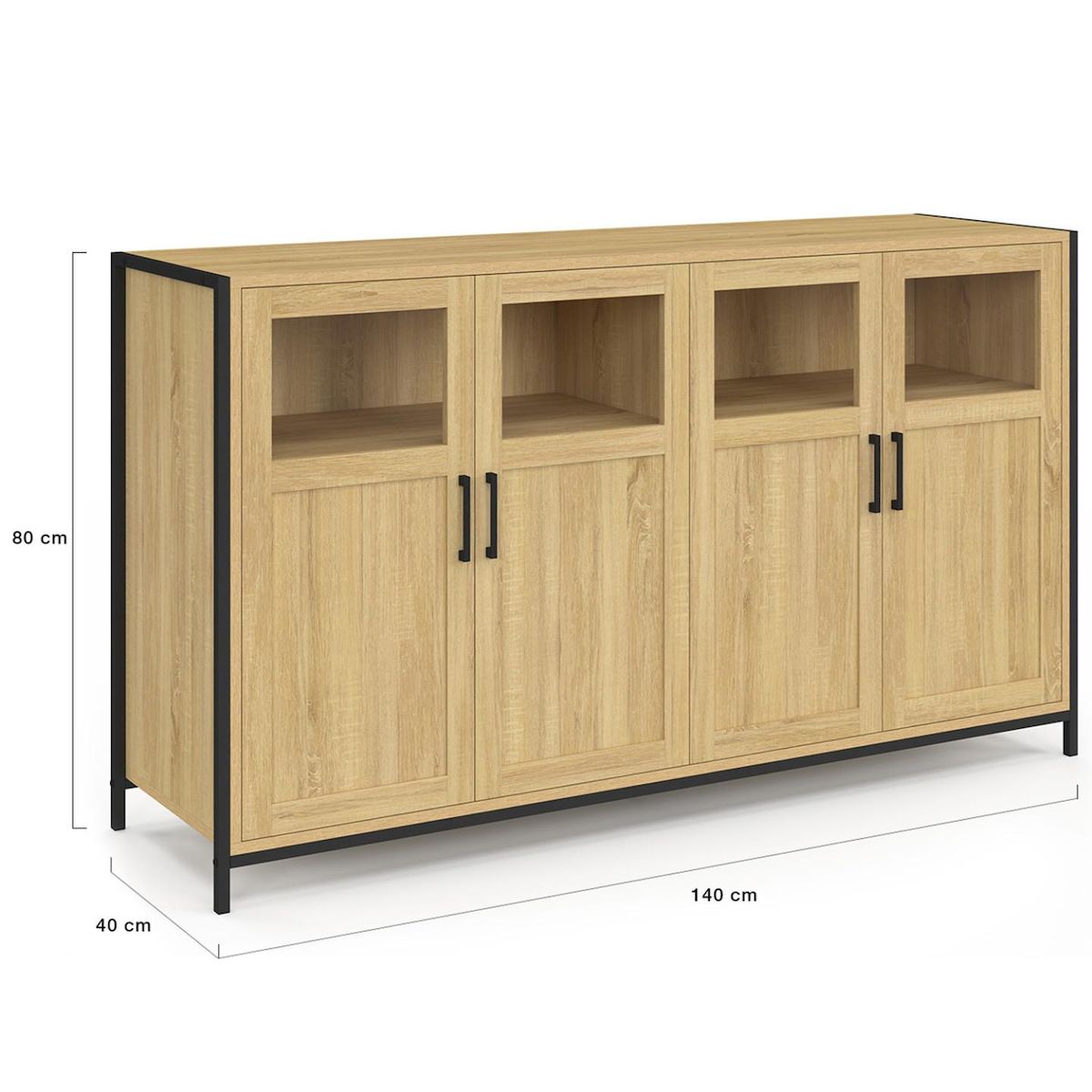 ID MARKET Buffet 140 cm DETROIT 4 portes avec vitrines design industriel