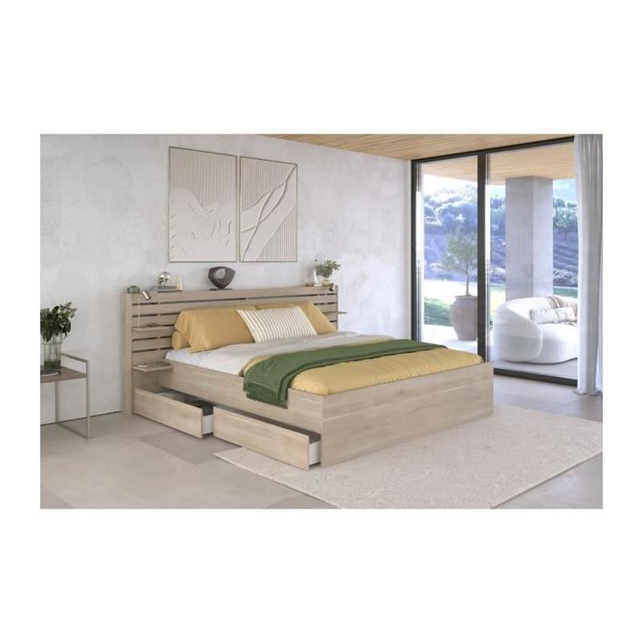 Voir la diapositive 2 : PARISOT Lit adulte ESCALE 180x200 cm - Décor chene du Japon - 2 tiroirs + Tete de lit - L235.4 x H98,2 x P216,8 cm - Fabriqué en Franc