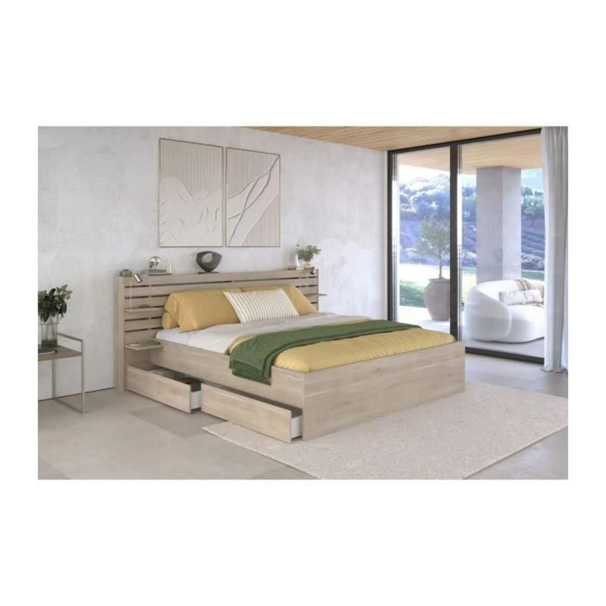 PARISOT Lit adulte ESCALE 180x200 cm - Décor chene du Japon - 2 tiroirs + Tete de lit - L235.4 x H98,2 x P216,8 cm - Fabriqué en Franc