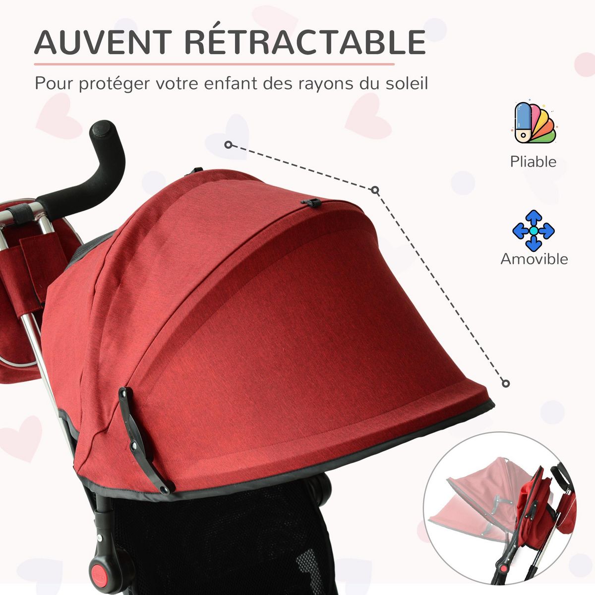 HOMCOM Tricycle enfants évolutif canne  et pare-soleil pliable amovible sacoche et panier 102 x 49l x 102 cm acier rouge brique noir
