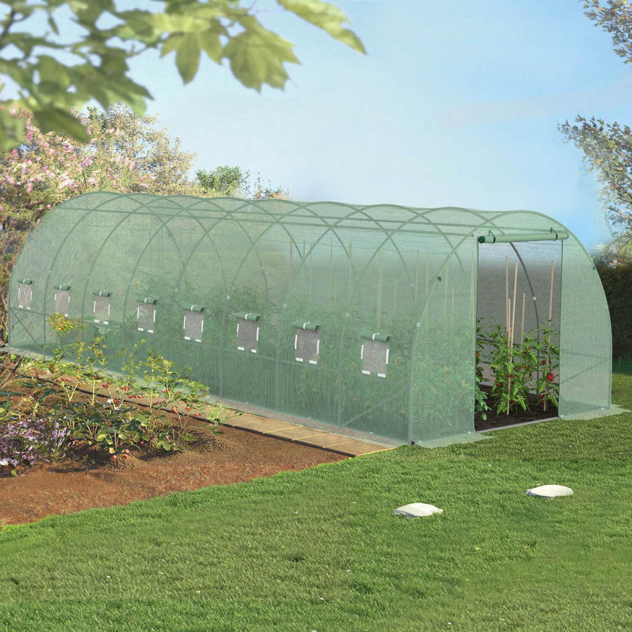 Voir la diapositive 2 : ID MARKET Bâche de rechange pour serre de jardin tunnel 24m² 8 x 3 x 2 m anti-uv avec porte et fenêtres des andes verte