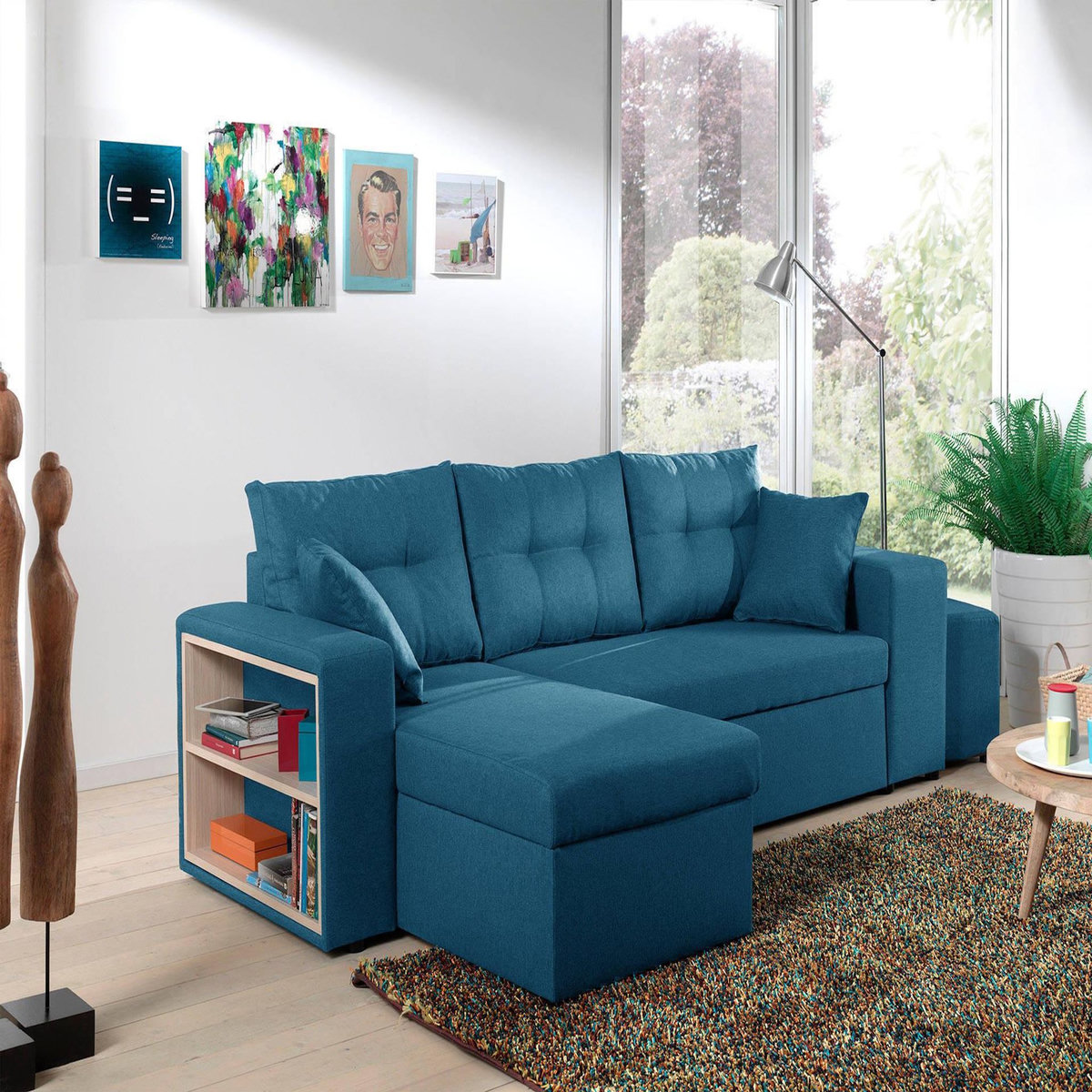 BEST MOBILIER California - canapé d'angle réversible et convertible avec coffre de rangement - bleu canard - bleu canard