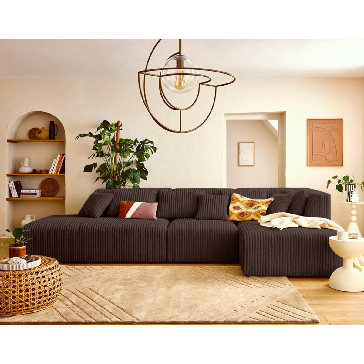 LISA DESIGN Victoire - canapé modulable d'angle droit 5 places en velours côtelé grosses côtes