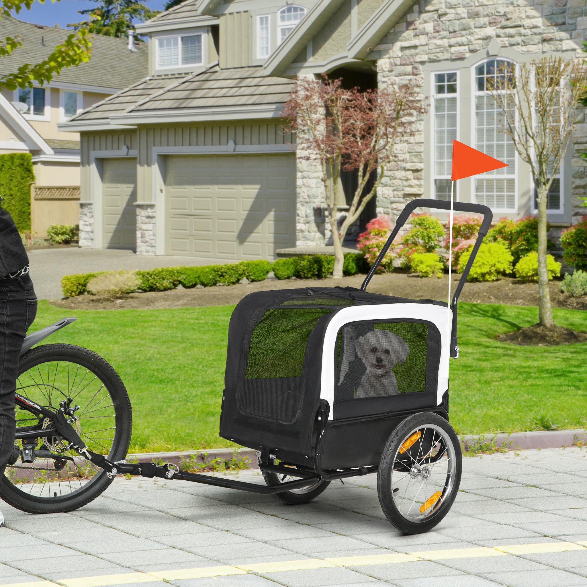 Voir la diapositive 2 : PAWHUT Remorque vélo jogger 2 en 1 pour chien - remorque à vélo pour chien - attache, drapeau, roue av pivotante, réflecteurs - noir
