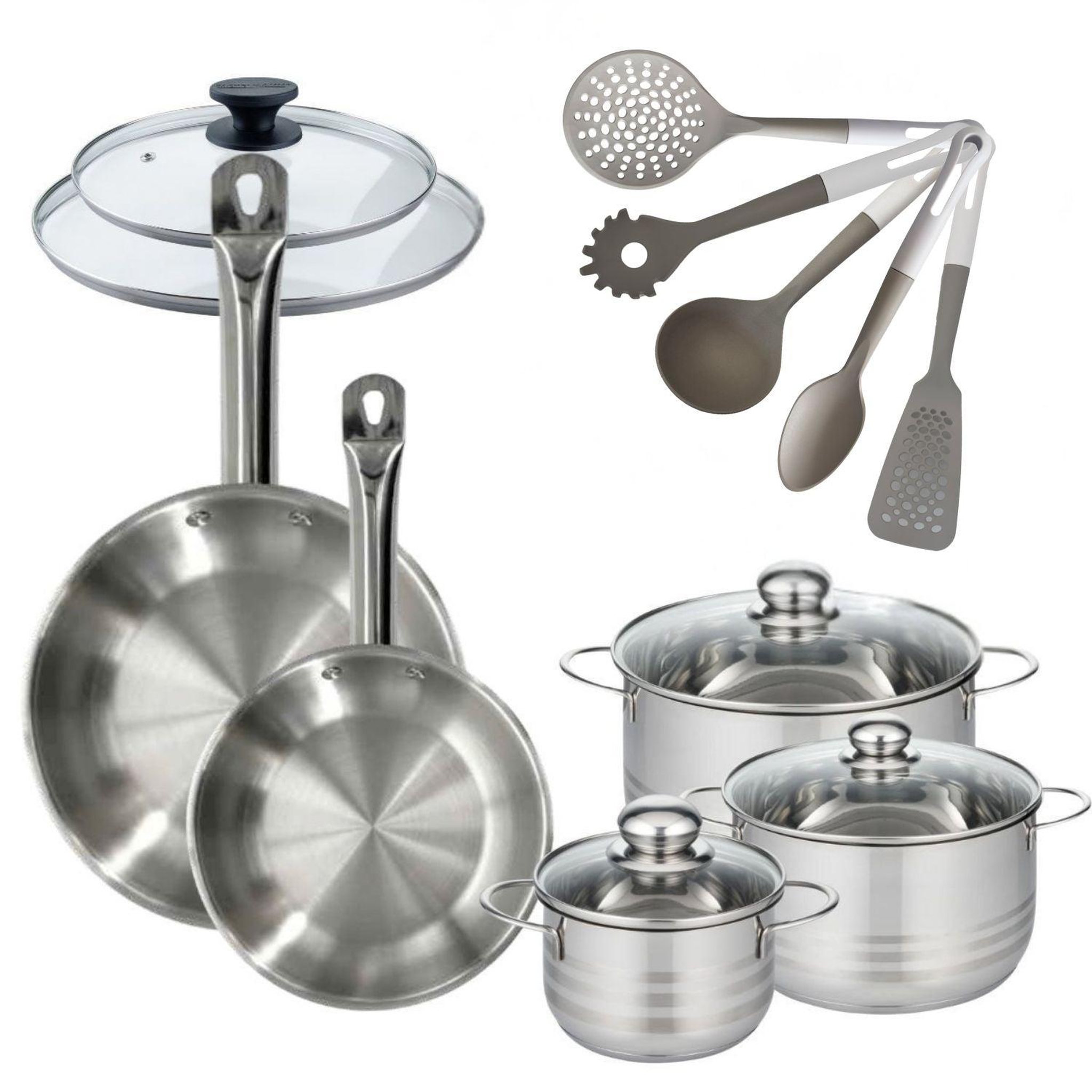 Fackelmann Batterie de cuisine avec 3 faitouts 16/20/24 cm et 2 poêles 24/28 cm avec 7 ustensiles de cuisine fackelmann etherna brillant vario avec couvercles