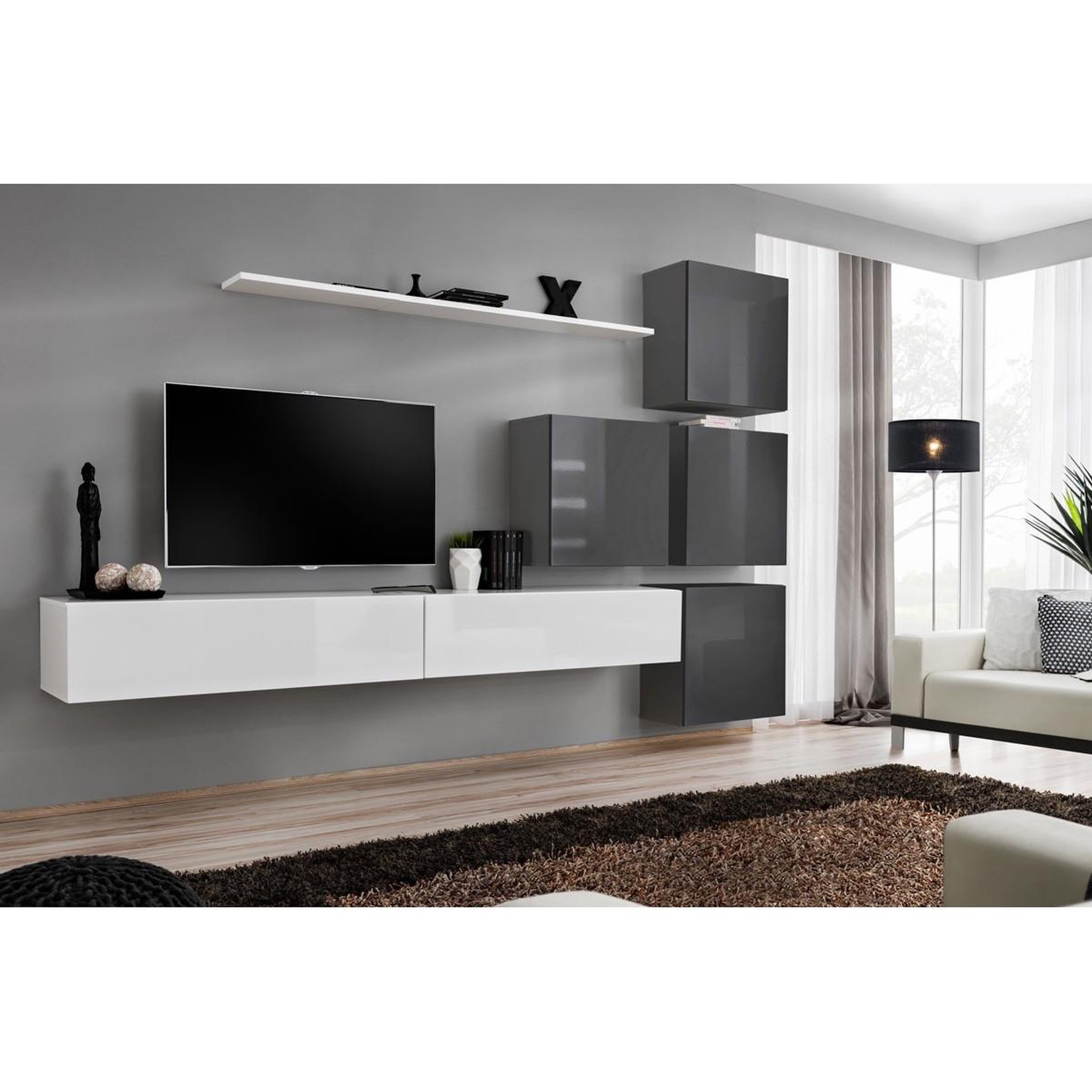 Voir la diapositive 2 : Paris Prix Meuble tv mural design  switch ix  310cm blanc & gris