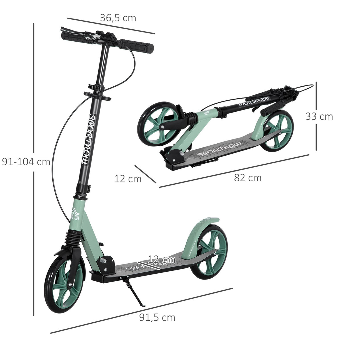 HOMCOM Trottinette pliable adulte béquille double frein amortisseur hauteur guidon réglable roulement PU abec-9 alu. métal vert noir