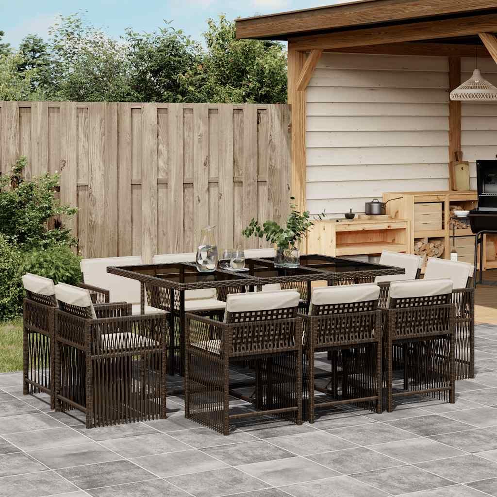 VIDAXL Ensemble a manger de jardin et coussins 11 pcs marron rotin