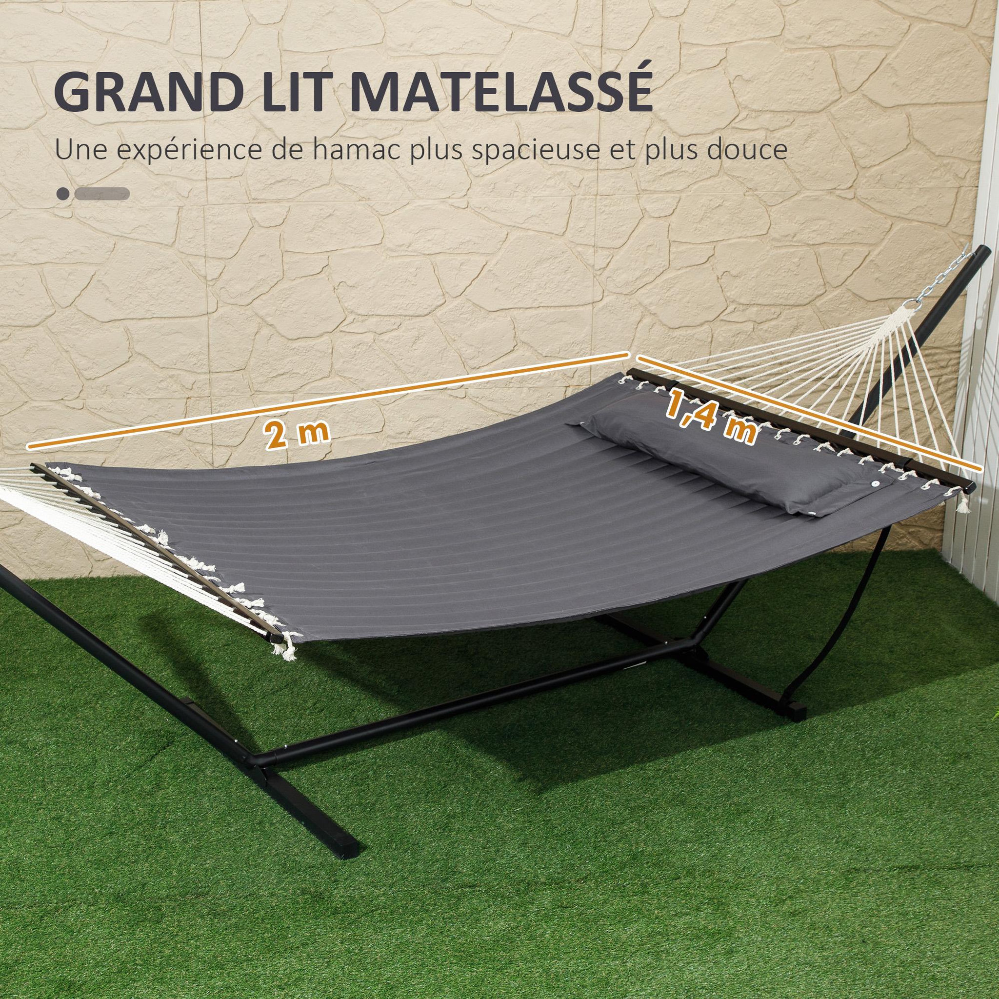 Voir la diapositive 5 : OUTSUNNY Hamac sur pied 1 place grand confort - tétière, toile matelassé - acier gris foncé