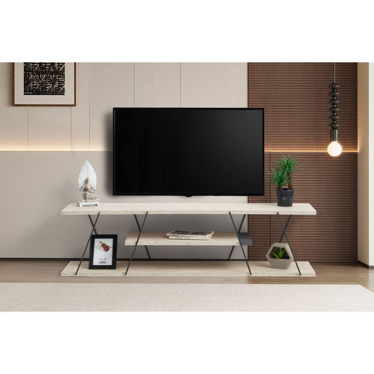 TOILINUX Meuble TV effet travertin CANAZ - Beige