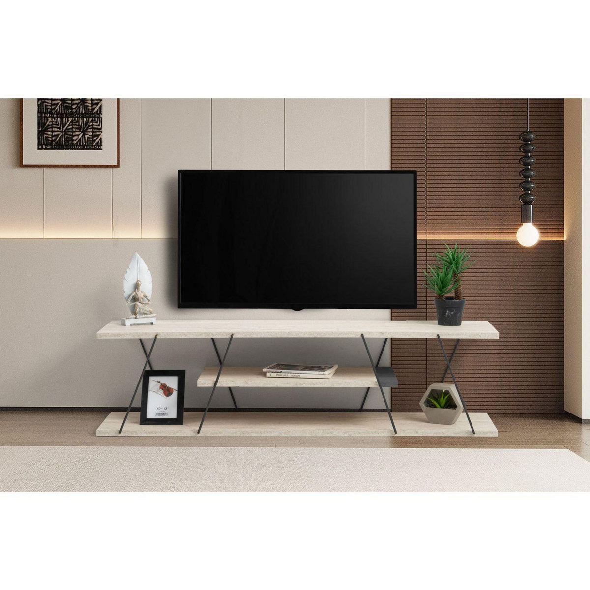 TOILINUX Meuble TV effet travertin CANAZ - Beige