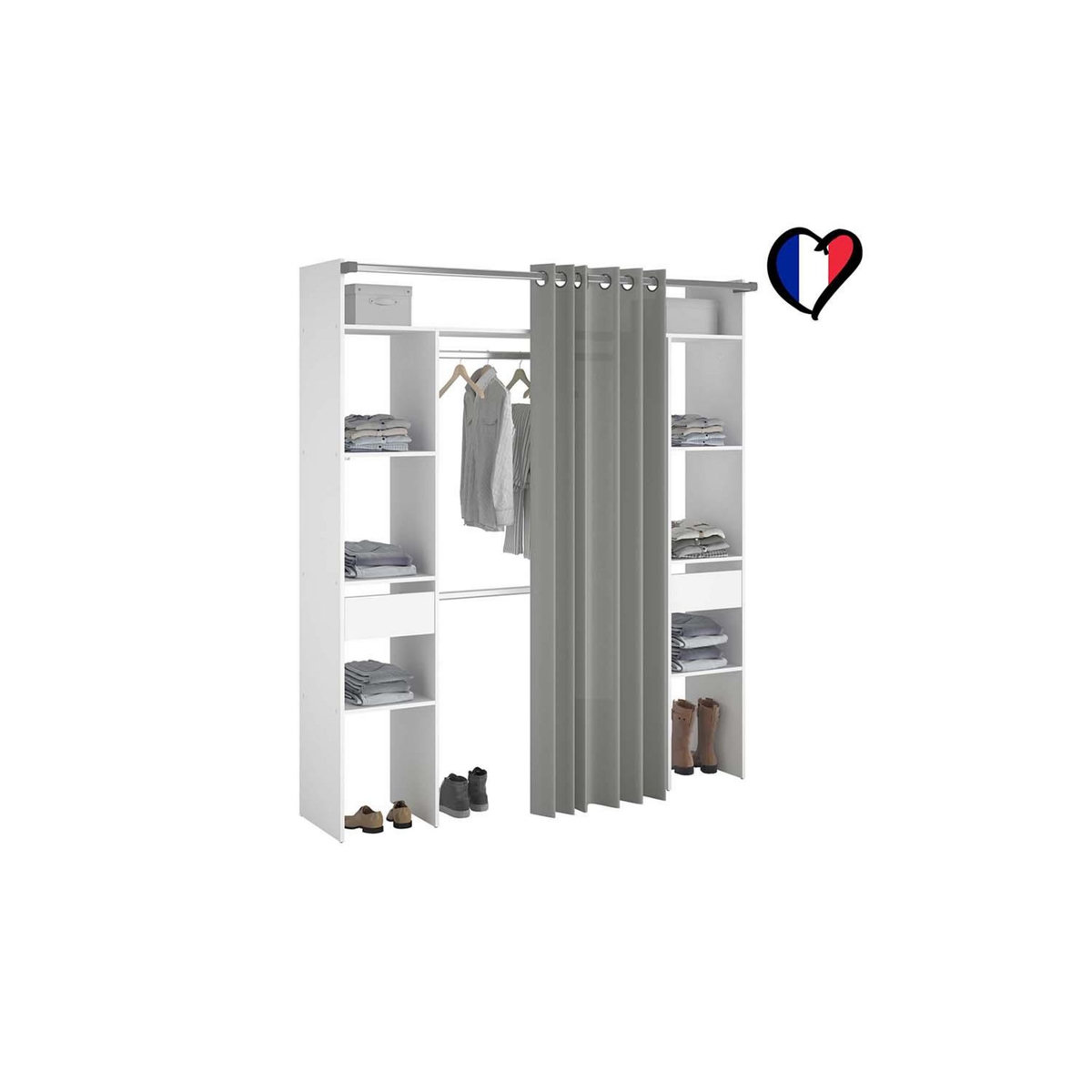 CONCEPT USINE Dressing blanc avec rideau gris 2 penderies, 6 étagères 2 tiroirs ELYSEE