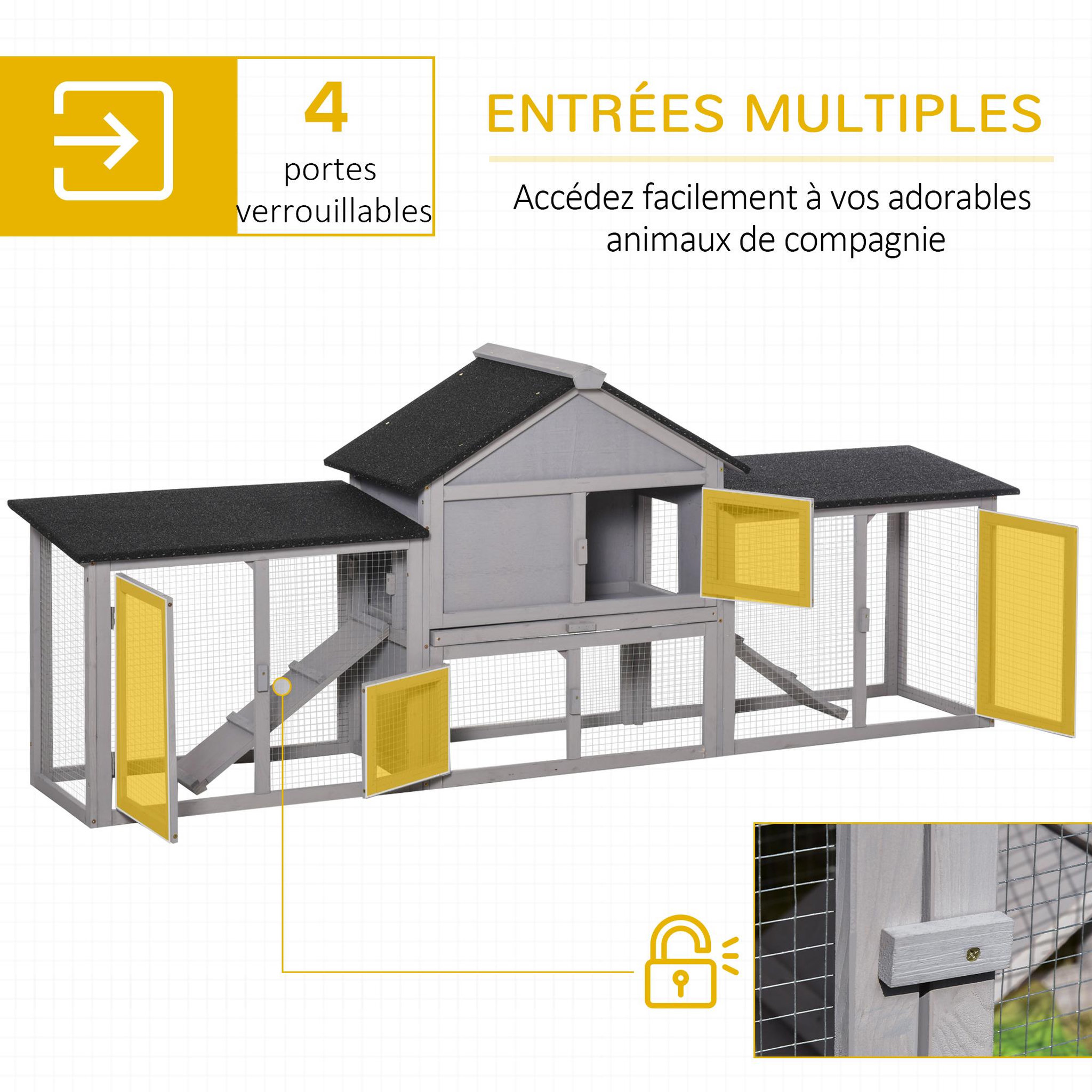 Voir la diapositive 4 : PAWHUT Clapier cage à lapins rongeurs xxl 2 étages toit bitumé intégral tiroir déjection 2,10l x 0,46l x 0,85h m bois pin pré-huilé gris