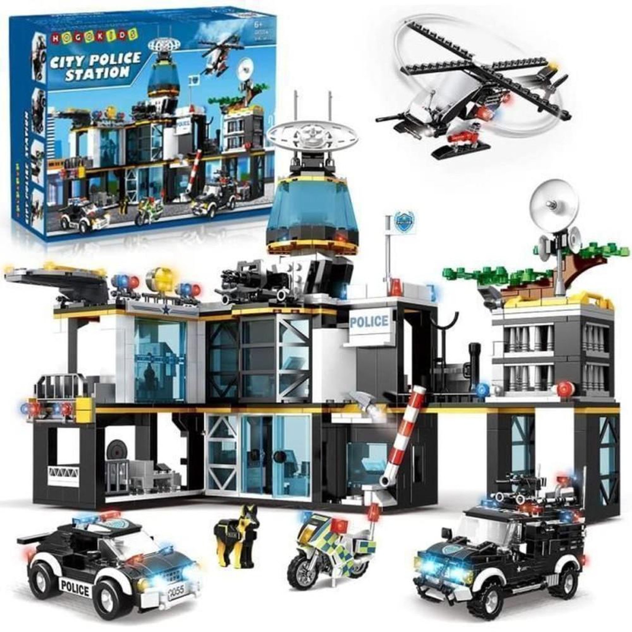 Coffret de construction Police Station 1261 pièces, station à deux étages, héliport, hélicoptère, voiture tout-terrain, moto, chien policier