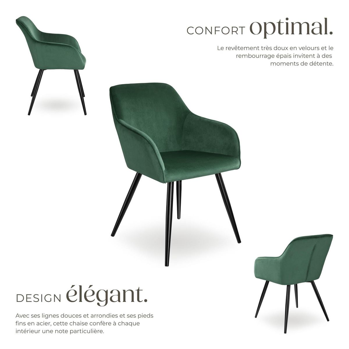tectake Chaise style scandinave rembourrée aspect velours vert foncé/noir Lot de 6