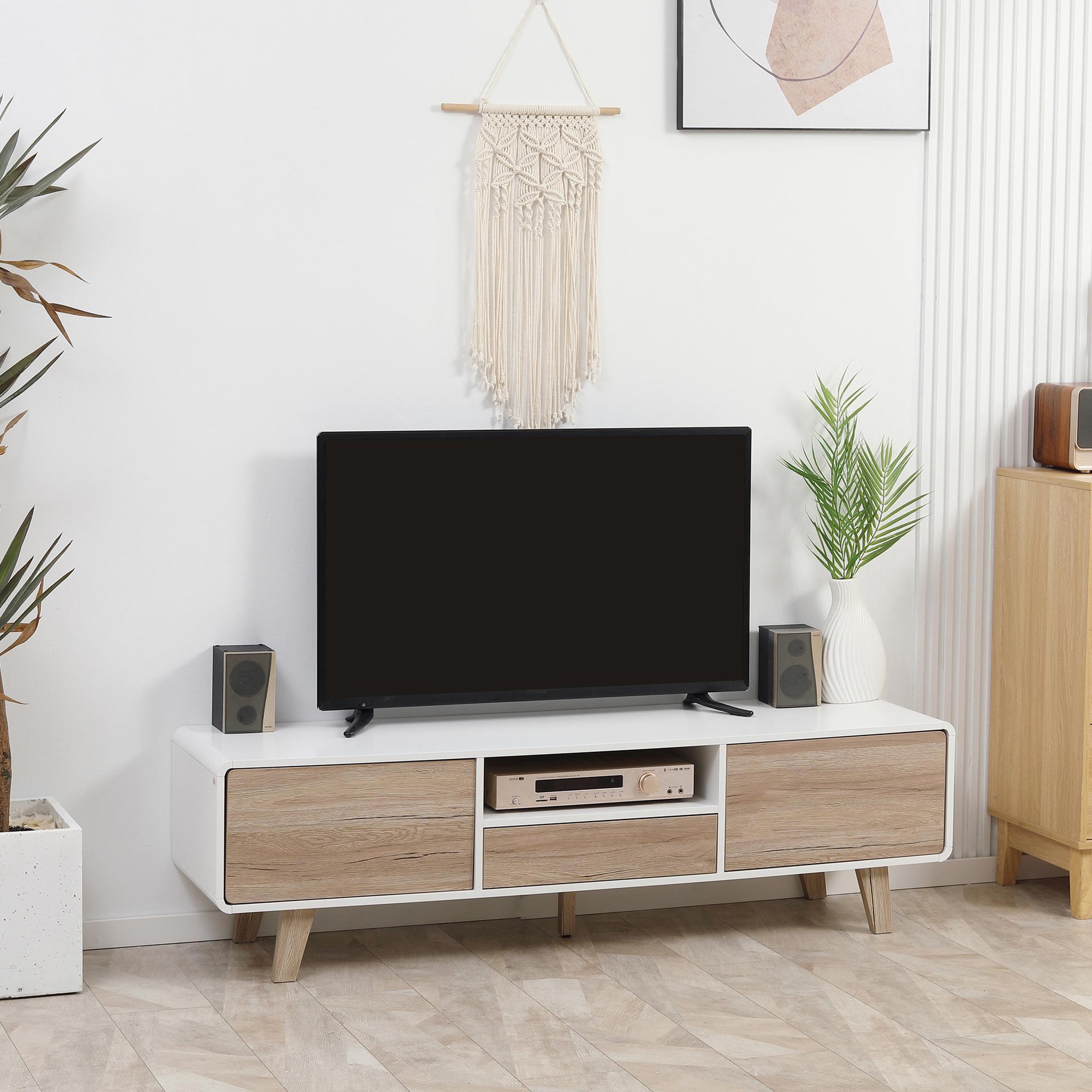 Voir la diapositive 2 : HOMCOM Meuble TV bas sur pied style scandinave 2 portes niche tiroir MDF blanc aspect chêne clair