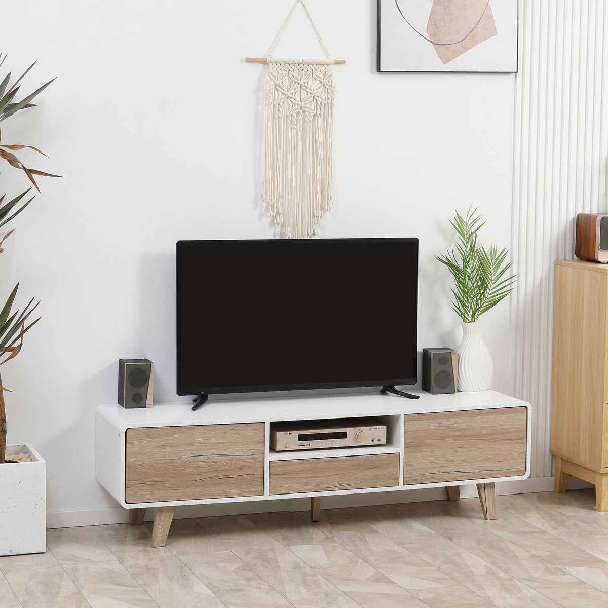 HOMCOM Meuble TV bas sur pied style scandinave 2 portes niche tiroir MDF blanc aspect chêne clair