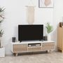 Voir la diapositive 2 : HOMCOM Meuble TV bas sur pied style scandinave 2 portes niche tiroir MDF blanc aspect chêne clair
