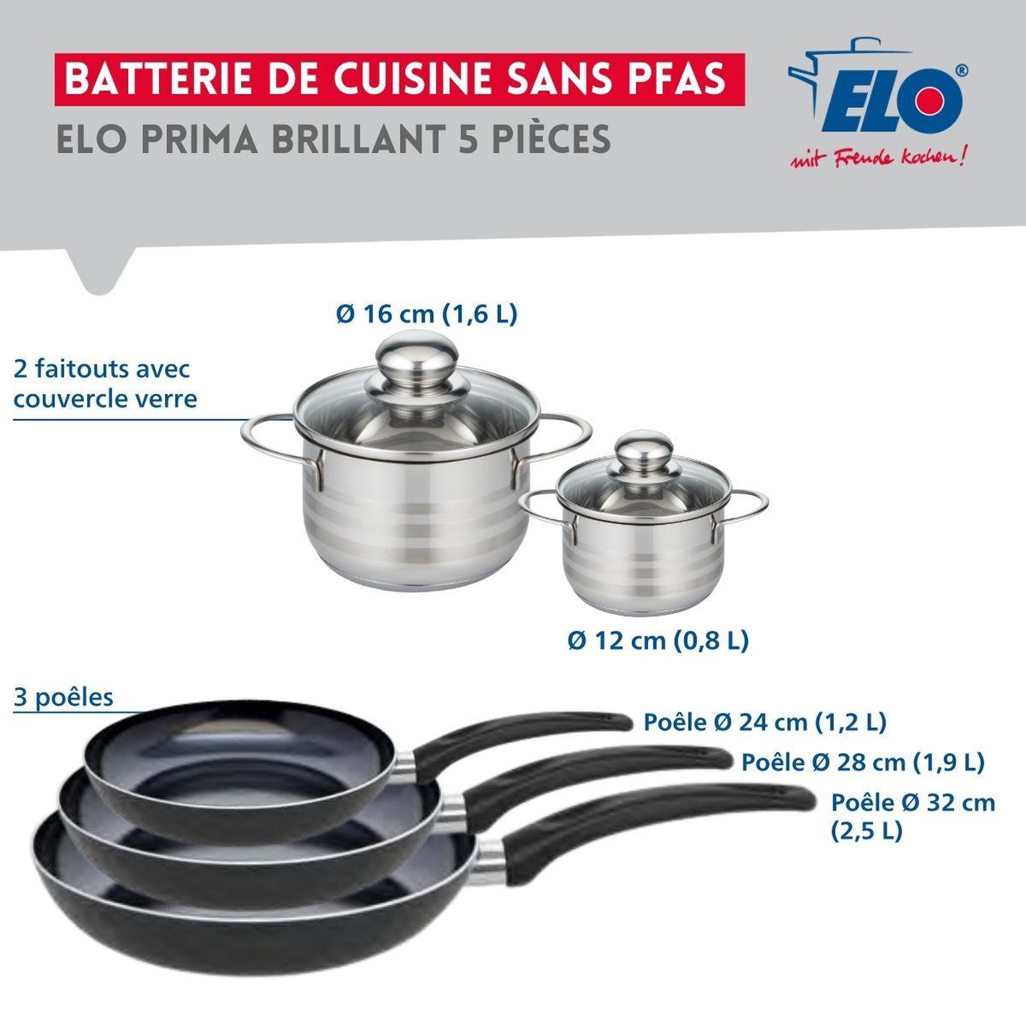 Voir la diapositive 2 : ELO Ensemble de 3 poêles de cuisson 24, 28 et 32 cm et 2 faitouts 12 et 16 cm elo prima brillant