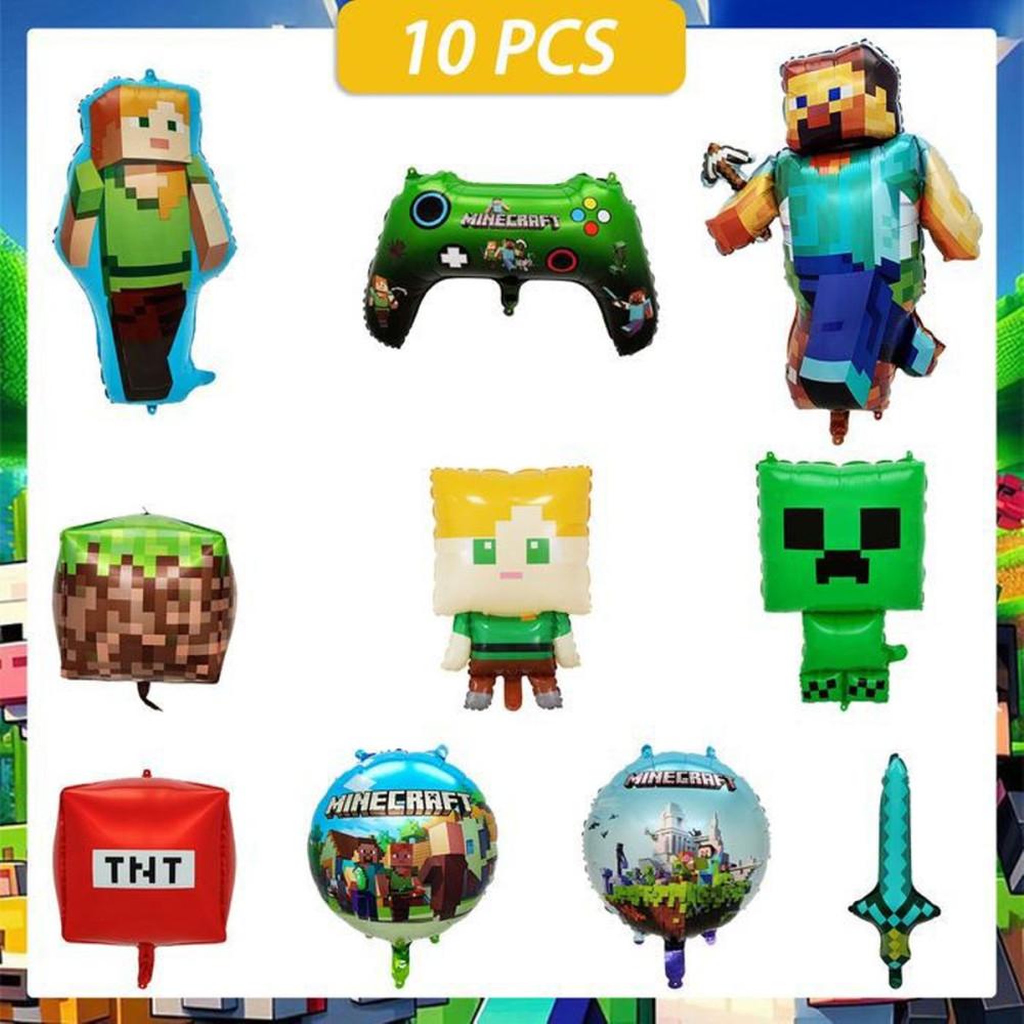Voir la diapositive 2 : Décorations de ballons Minecraft, lot de 10 pièces pixel personnages, TNT et manette, pour anniversaire et fête enfant