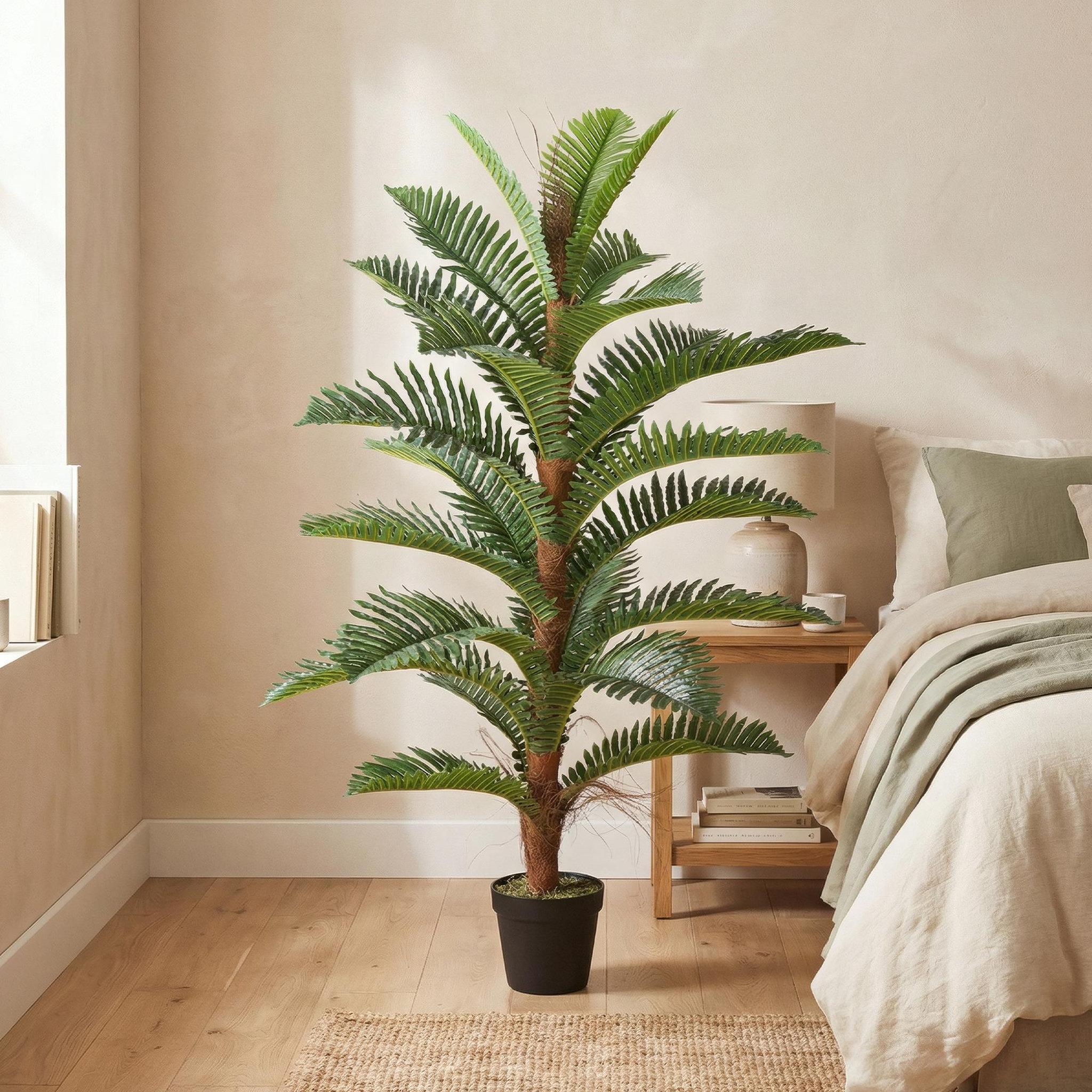Voir la diapositive 2 : HOMCOM Palmier artificiel H.1,2 m arbre artificiel tronc branches lichen feuilles grand réalisme pot inclus