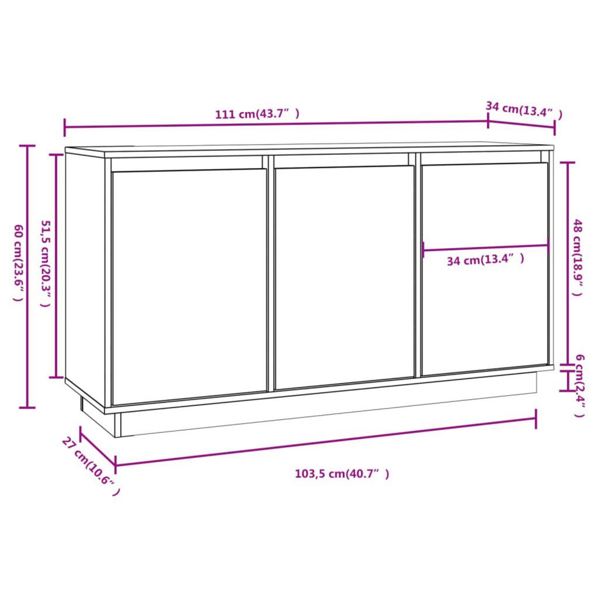 VIDAXL Buffet Blanc 111x34x60 cm Bois massif de pin