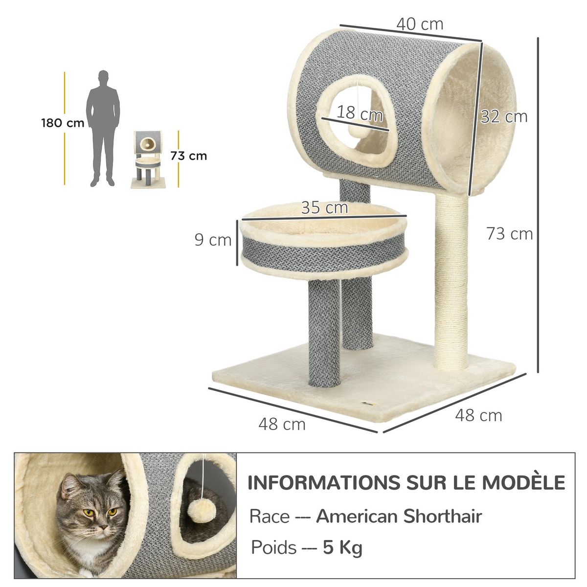 PAWHUT Arbre à chat style cosy chic griffoir sisal naturel plateforme tunnel jeu boule peluche courte aspect lin tressé gris