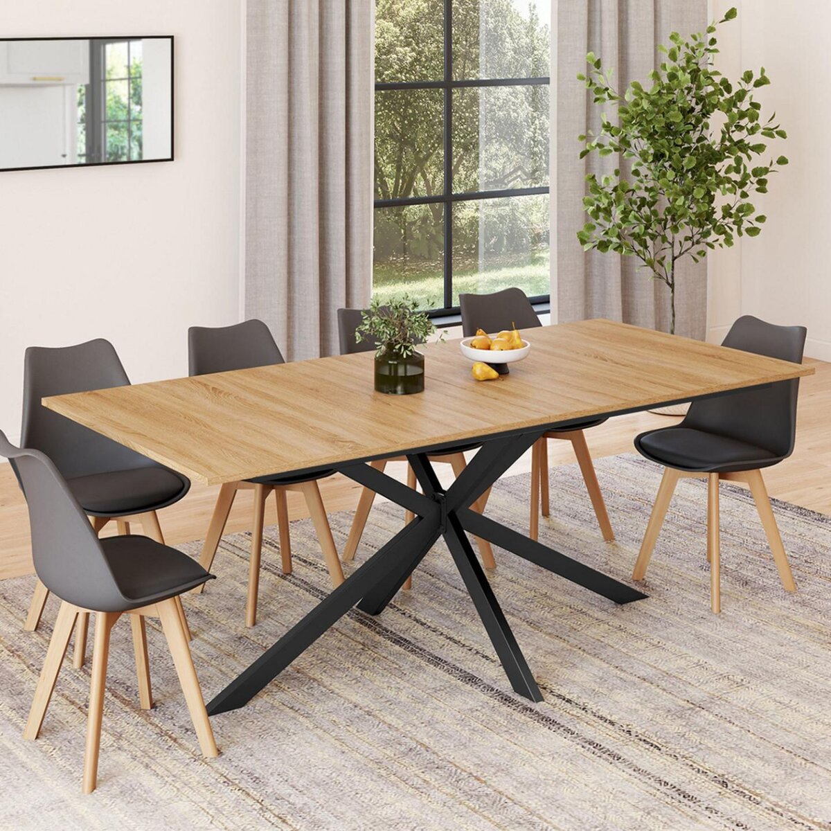 ID MARKET Table à manger extensible rectangle ALIX 8-12 personnes pied araignée bois et noir 200-240 cm