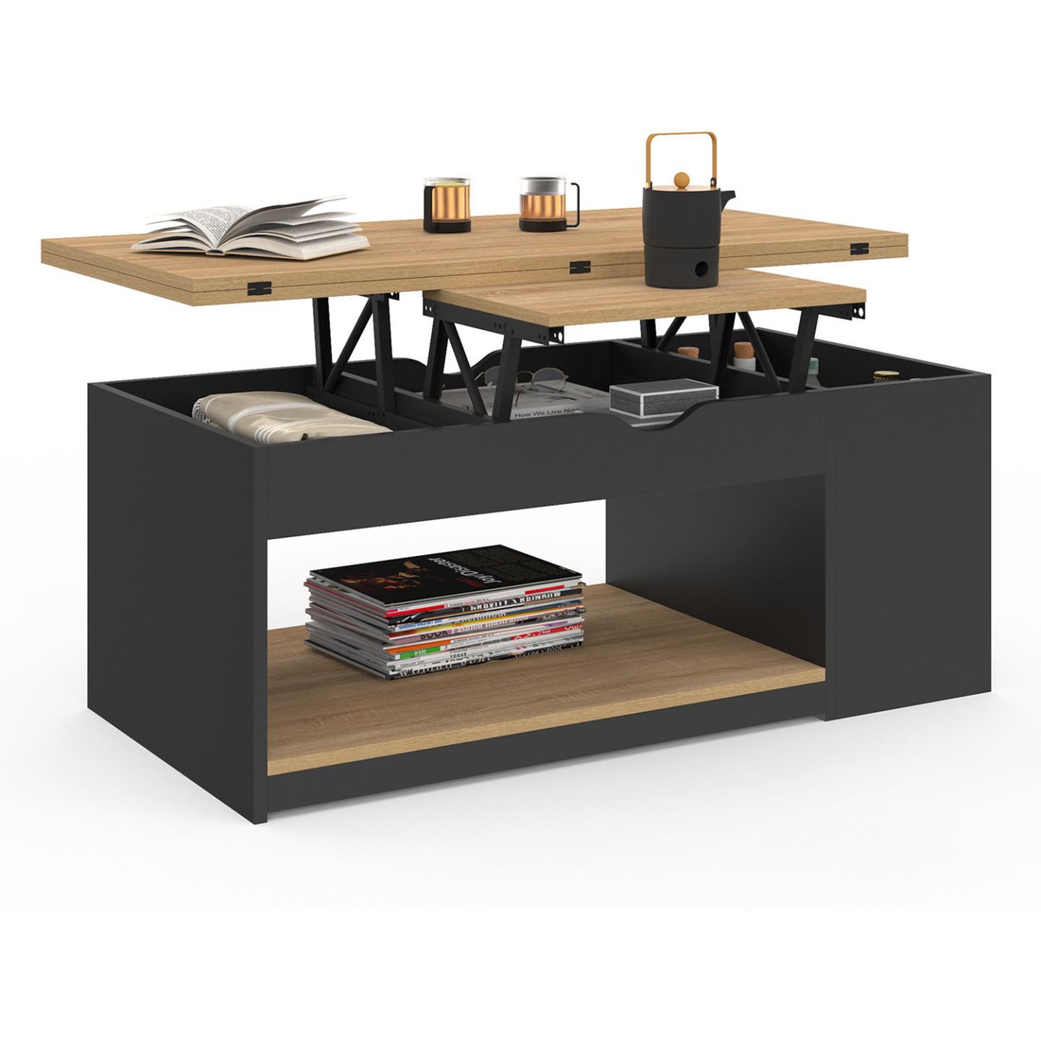 Voir la diapositive 4 : ID MARKET Table basse plateau relevable rectangulaire convertible en table à manger elea 100 cm bois noir et façon hêtre