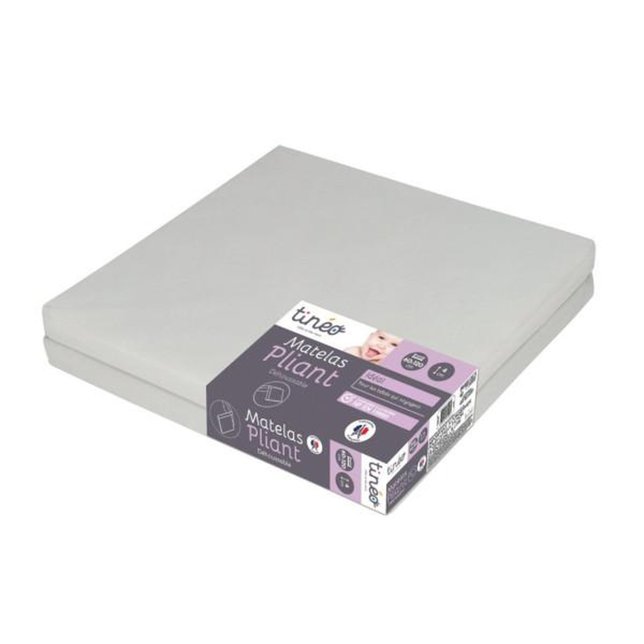 TINEO Matelas Bébé Pliant 60x120x4cm - 2 Parties - Couchage D'appoint - Déhoussable - Fabriqué En France