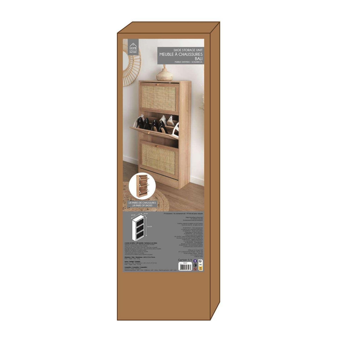 The Home Deco Factory Meuble à chaussures 3 portes Bali en cannage - Marron