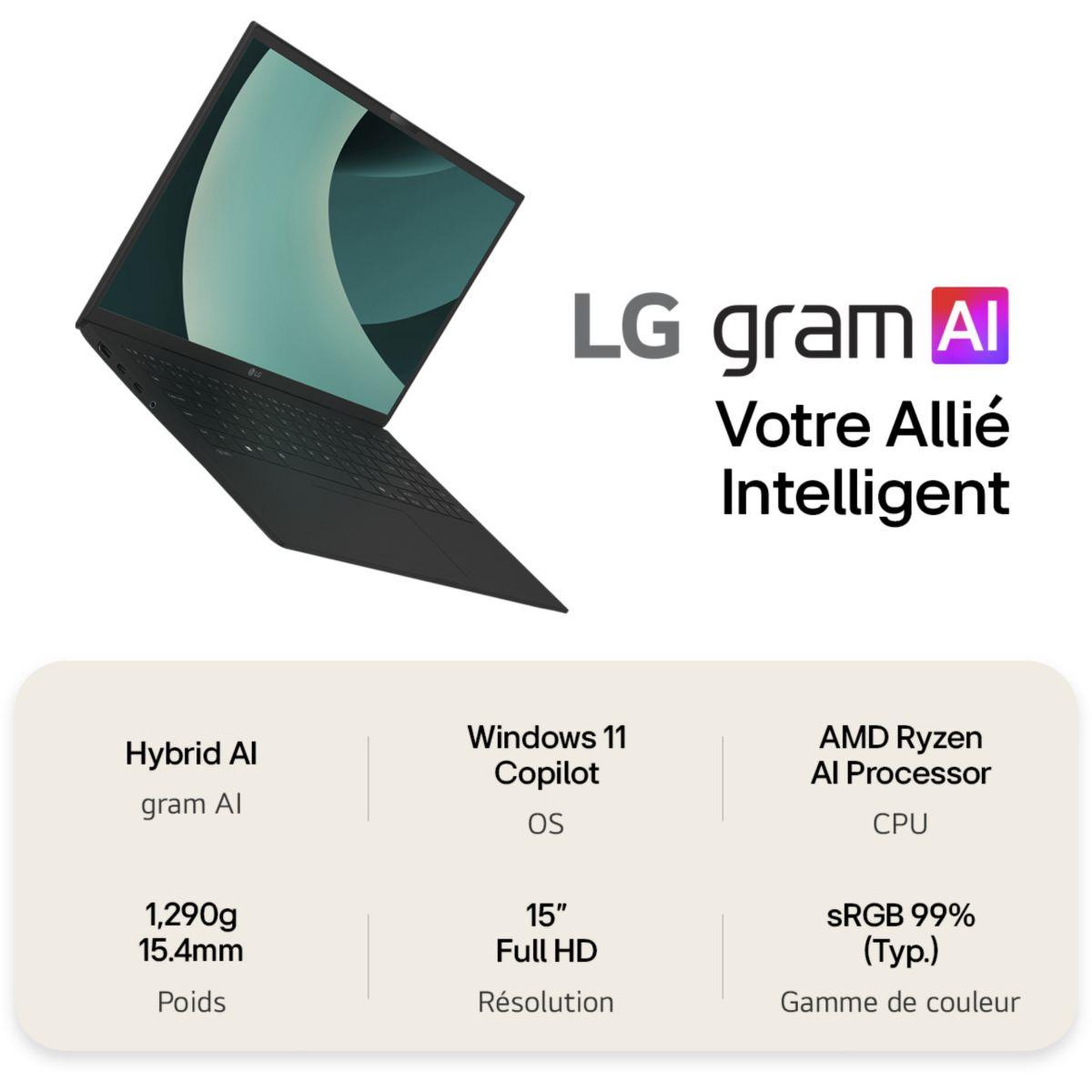 Voir la diapositive 2 : LG Ordinateur portable Gram 15Z80T-G.AU8BF Copilot+