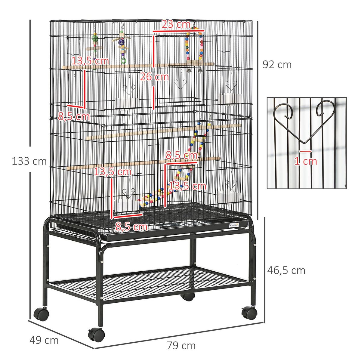 PAWHUT Cage à oiseaux sur roulettes - étagère, plateau déjection, 3 perchoirs, 4 mangeoirs, 2 portes, 8 trappes, accessoires - acier noir