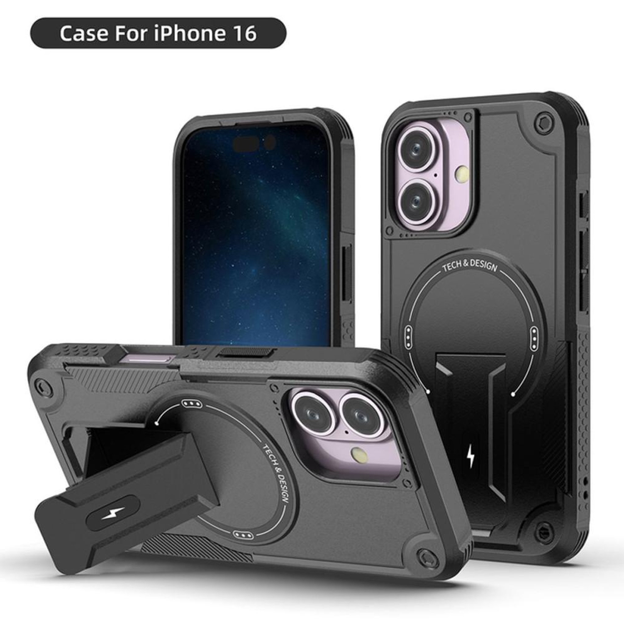 Coque iPhone 16 magnétique MagSafe noire HCT STYLE, protection 360° antichoc, bords relevés pour écran et caméra, angles renforcés, support intégré et compatible chargeur sans fil