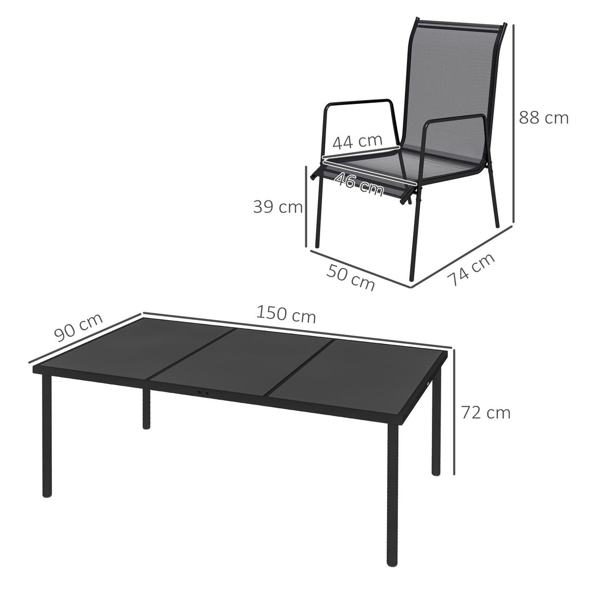 OUTSUNNY Ensemble de jardin 6 pers. 6 chaises empilables table plateau verre trempé 5 mm métal époxy textilène noir