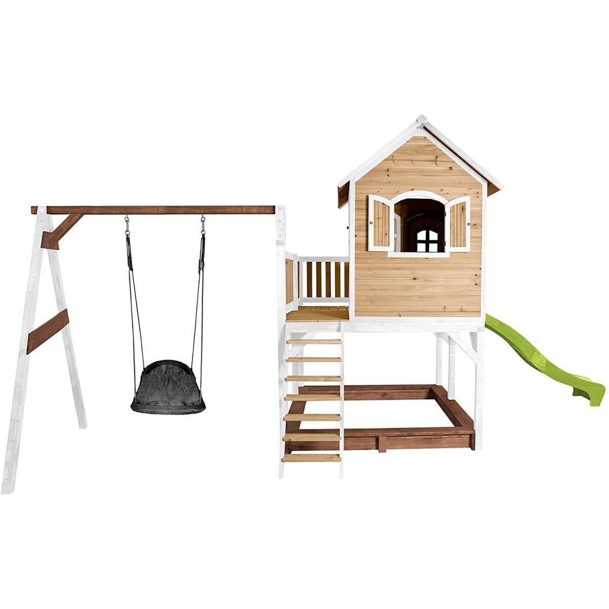 Axi House Axi Maisonnette LIAM  Brun Blanc avec balancoire nid ovale Roxy toboggan Citron vert et bac à sable