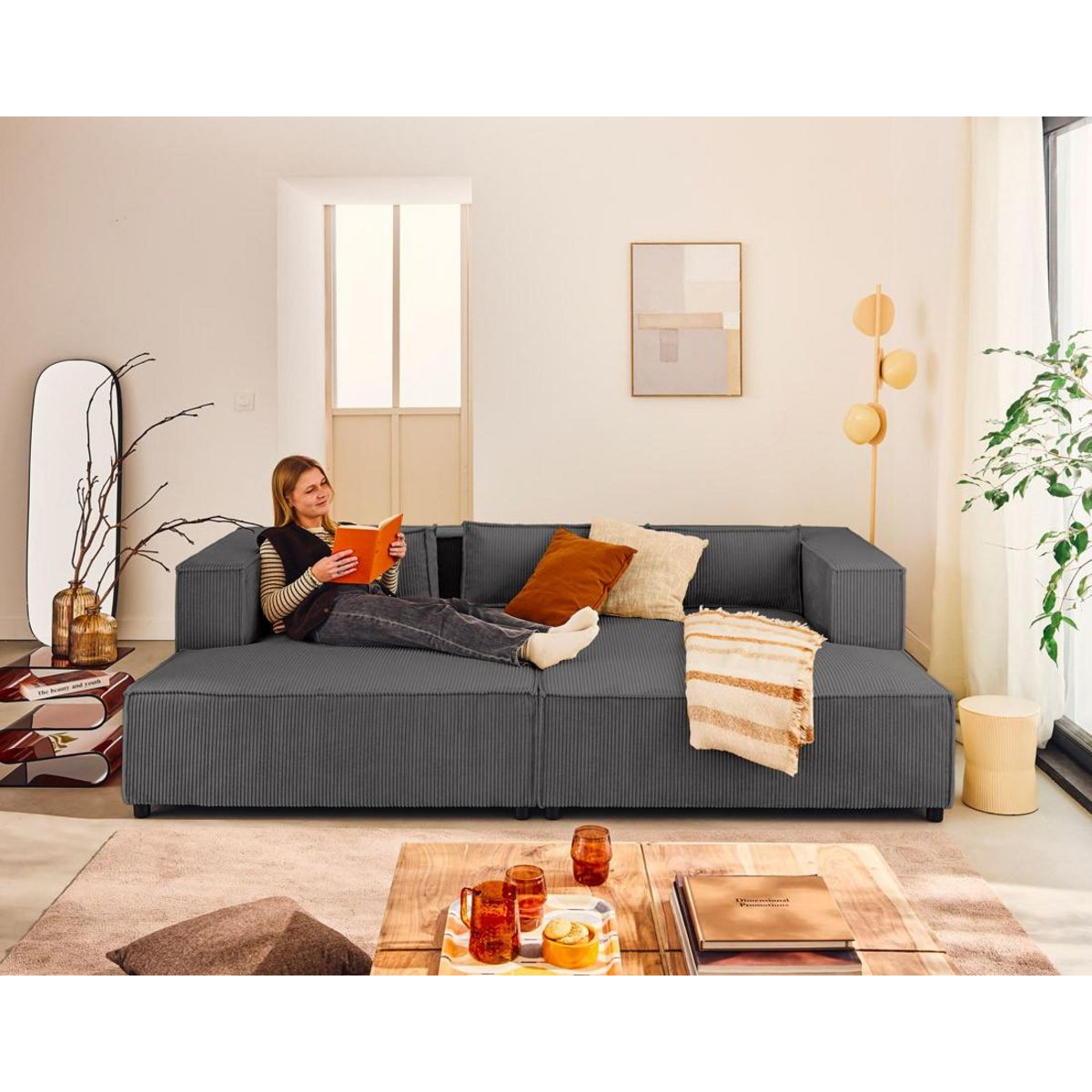 LISA DESIGN Stella - canapé droit 3 places avec double méridienne - assise profonde - en velours côtelé