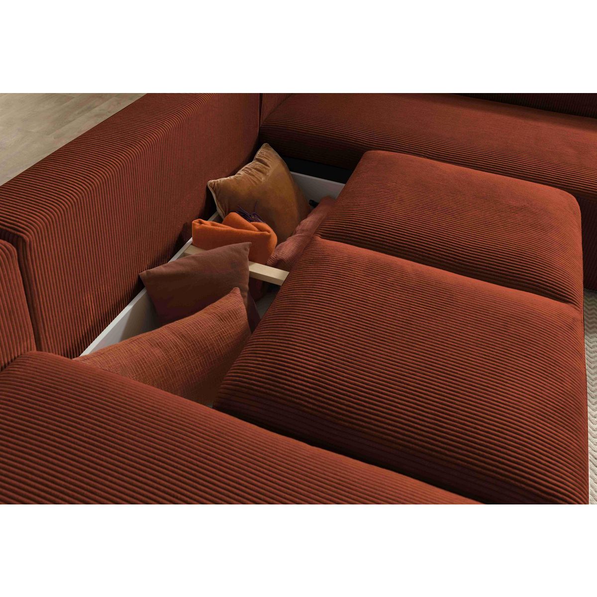 LISA DESIGN Livy - canapé panoramique convertible - avec coffre - en velours côtelé - 7 places - droit