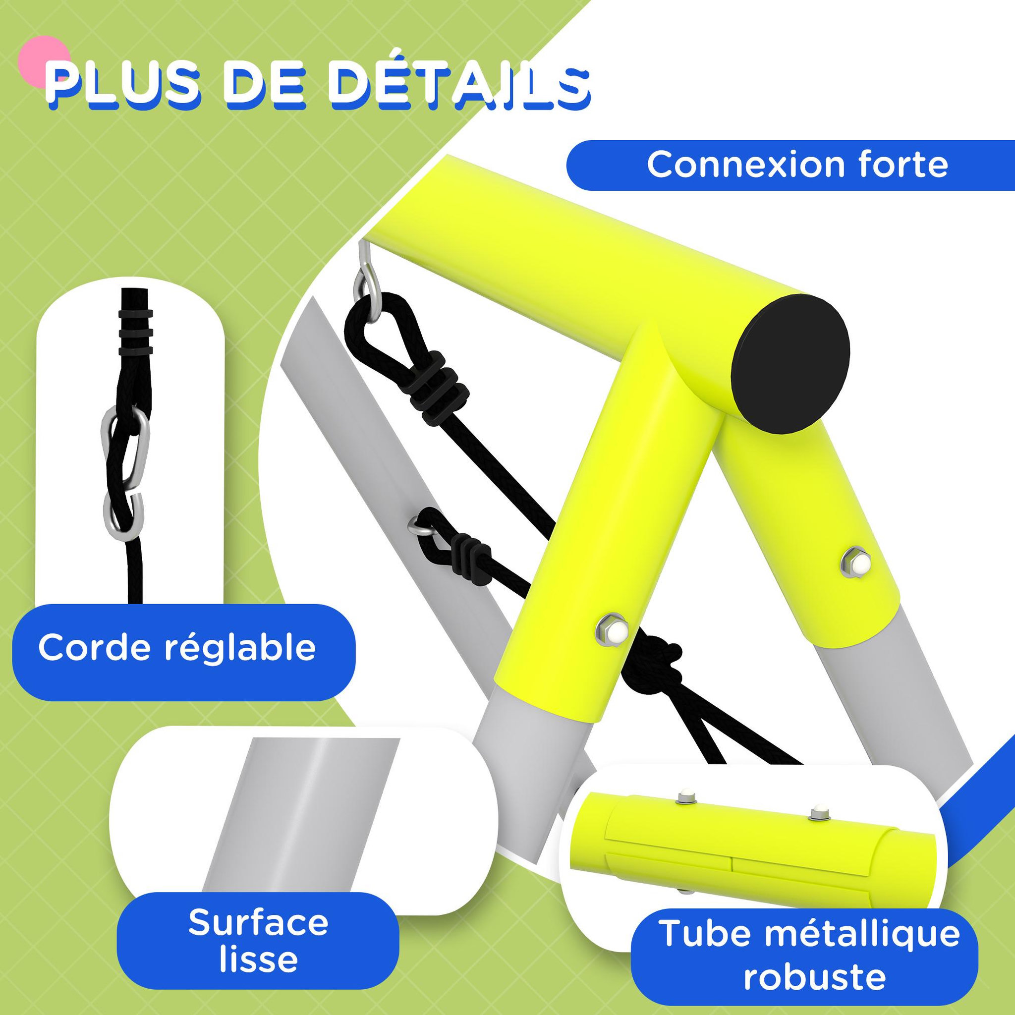 Voir la diapositive 5 : OUTSUNNY Balançoire portique 4 agrès - 2 balançoires, 2 échelles - dim. 2,6L x 1,85l x 1,8H m - métal époxy PE gris vert
