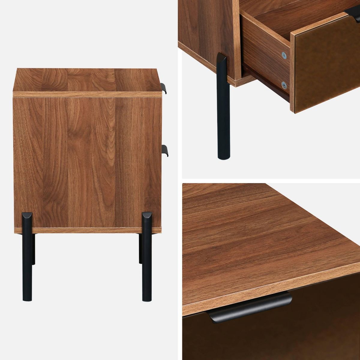 SWEEEK Table de chevet vintage 2 tiroirs décor bois et vitres fumées. L 43 x P 38 x H 54.8cm