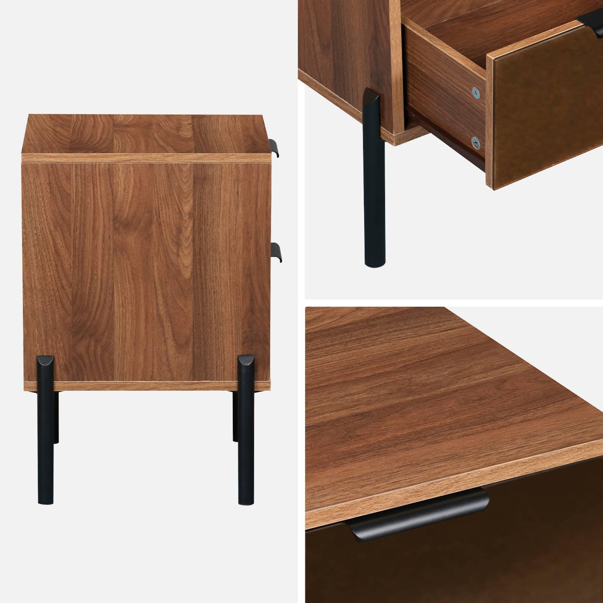 SWEEEK Table de chevet vintage 2 tiroirs décor bois et vitres fumées. L 43 x P 38 x H 54.8cm