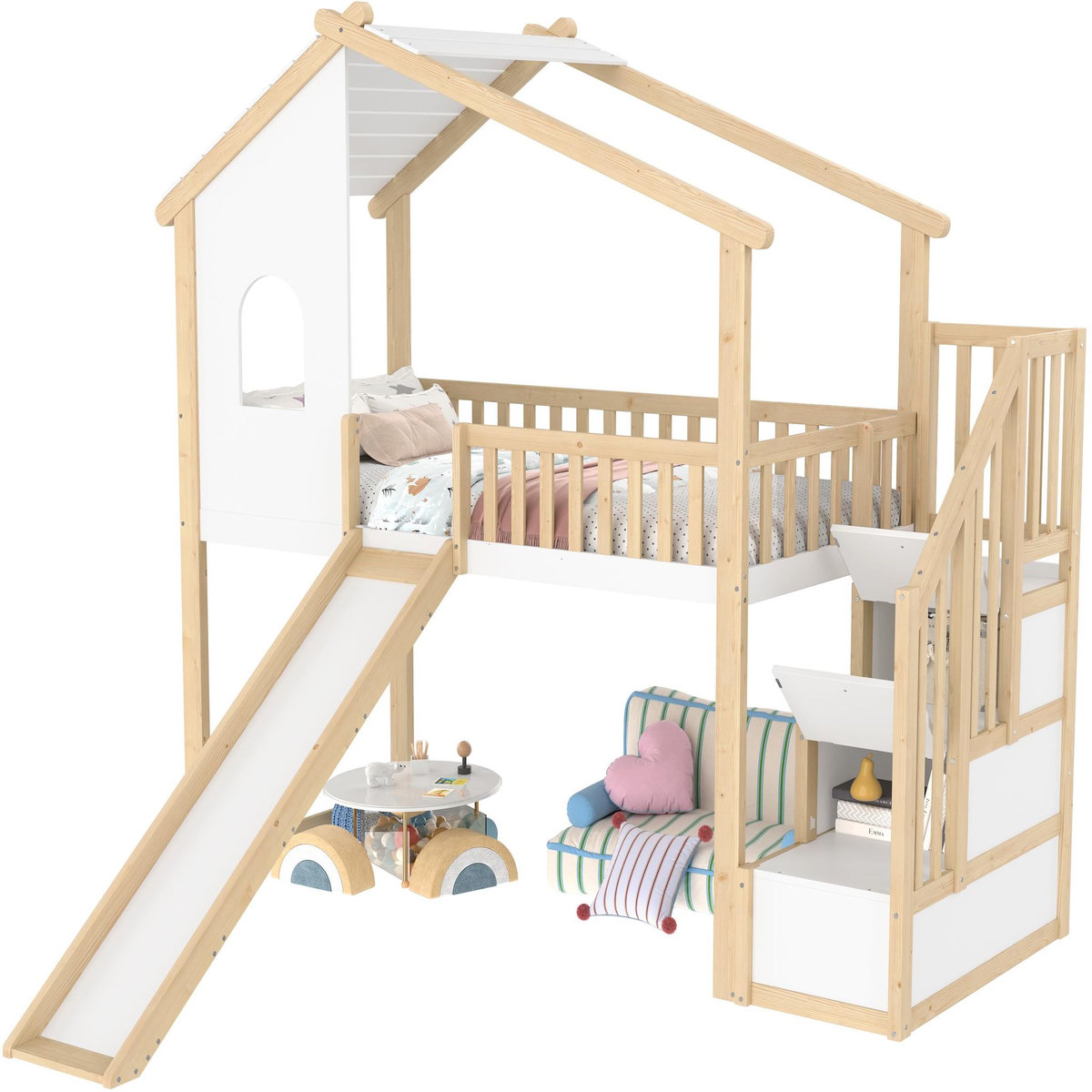 MERAX Lit combiné enfant 90x200cm coloris naturel+blanc pin