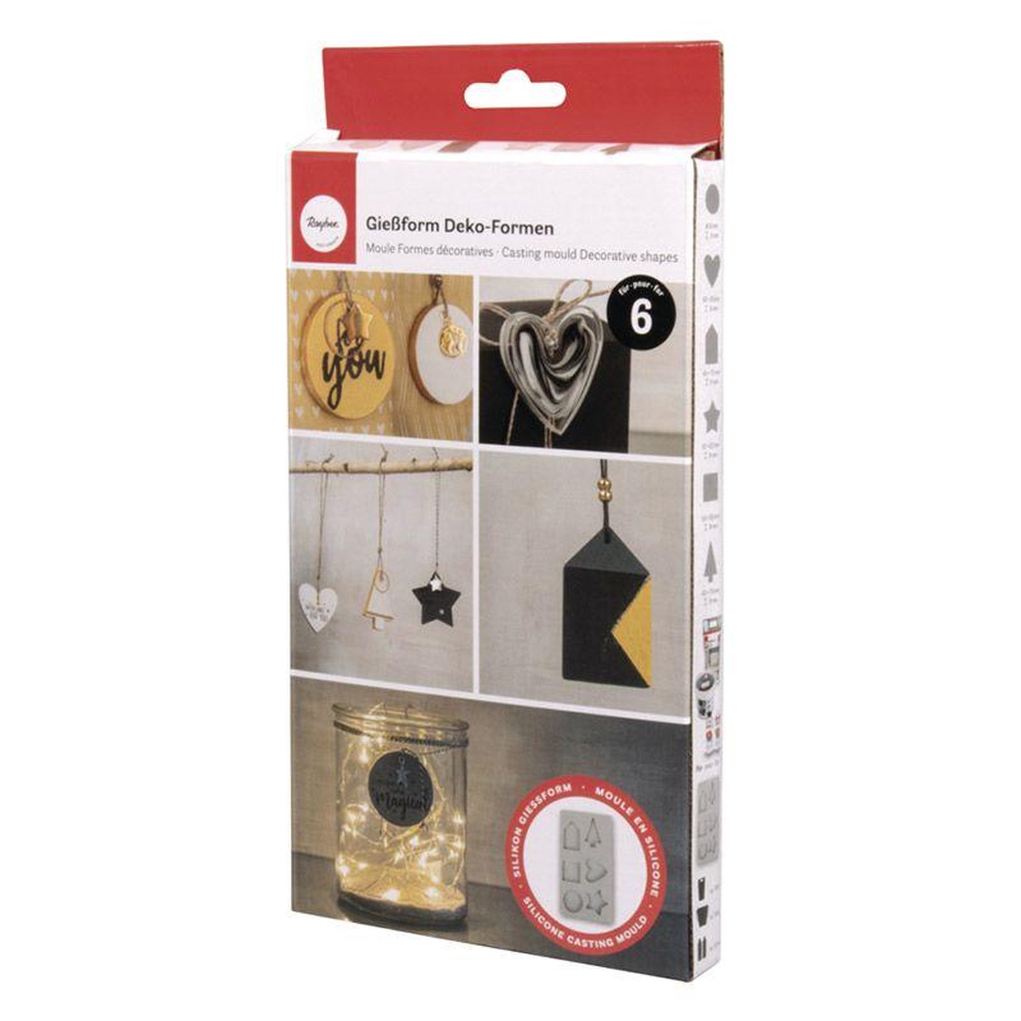 Rayher Moule en silicone 6 formes - maison, rond, carré, coeur, sapin, étoile