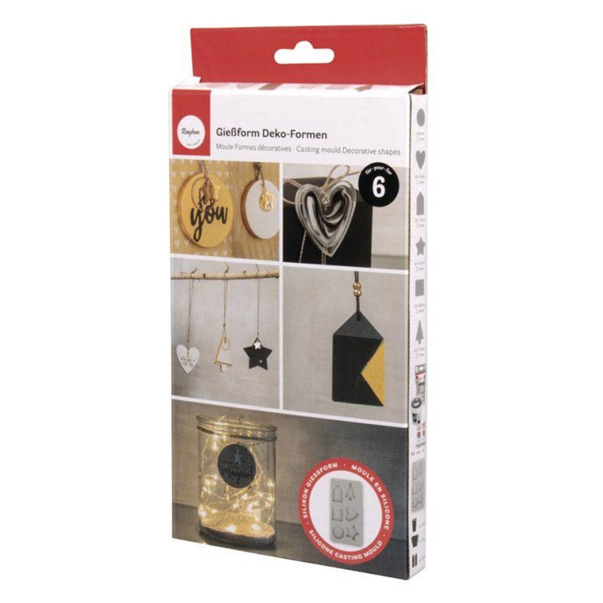 Rayher Moule en silicone 6 formes - maison, rond, carré, coeur, sapin, étoile