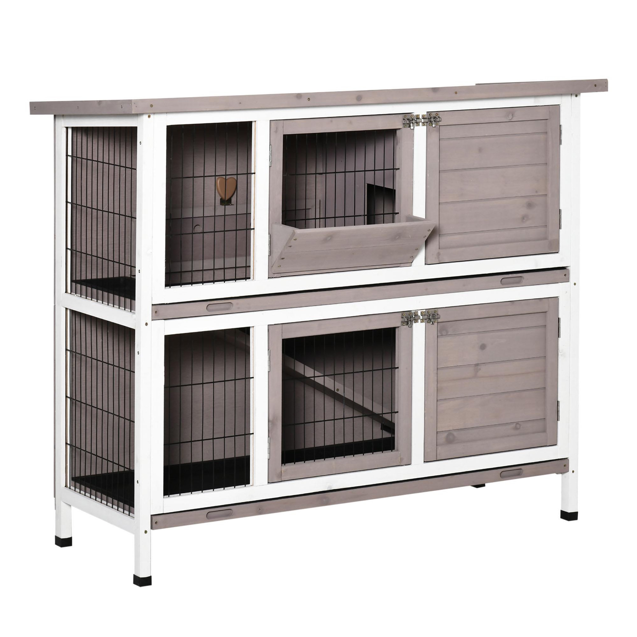 PAWHUT Clapier à lapin cage à lapin 2 étages trappe de séparation amovible 4 portes verrouillables 2 plateaux coulissants rampe toit ouvrant bois de sapin gris blanc