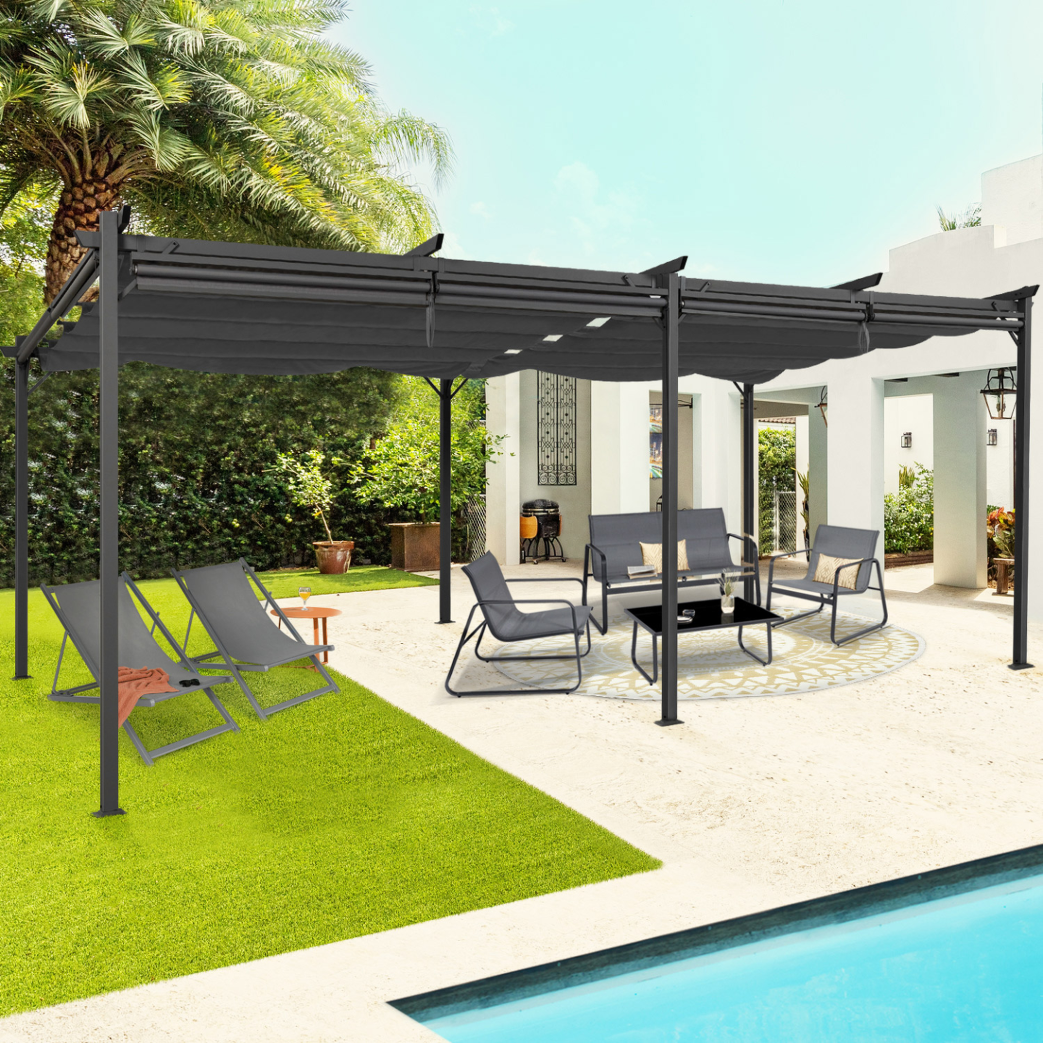 Voir la diapositive 3 : ID MARKET Pergola édition spéciale toit rétractable 3x6 m et 6 stores gris anthracite