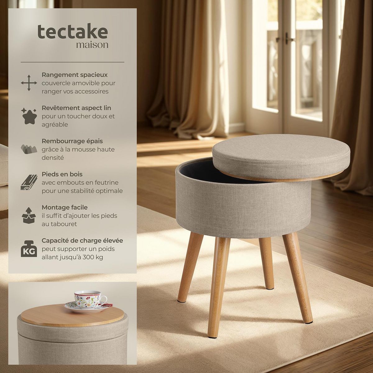 tectake Tabouret avec espace de rangement rond sable