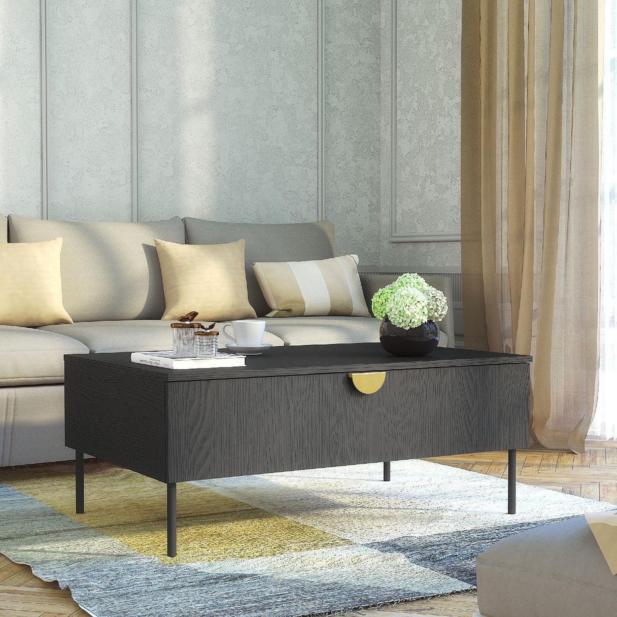 Voir la diapositive 2 : JLC KREATION Table basse moderne noir et or avec tiroir dimitri