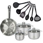 Fackelmann Set 1 poêle 28 cm en inox, 3 faitouts inox 16, 20 et 24 cm et 6 ustensiles RPET Fackelmann Eterna