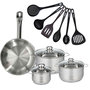 Voir la diapositive 1 : Fackelmann Set 1 poêle 28 cm en inox, 3 faitouts inox 16, 20 et 24 cm et 6 ustensiles RPET Fackelmann Eterna